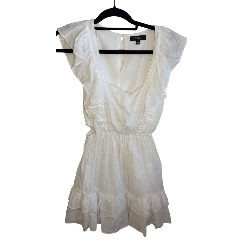 Lulus White Swiss Dot Ruffle‎ Flutter Sleeve Square Neck Mini Dress Size Small